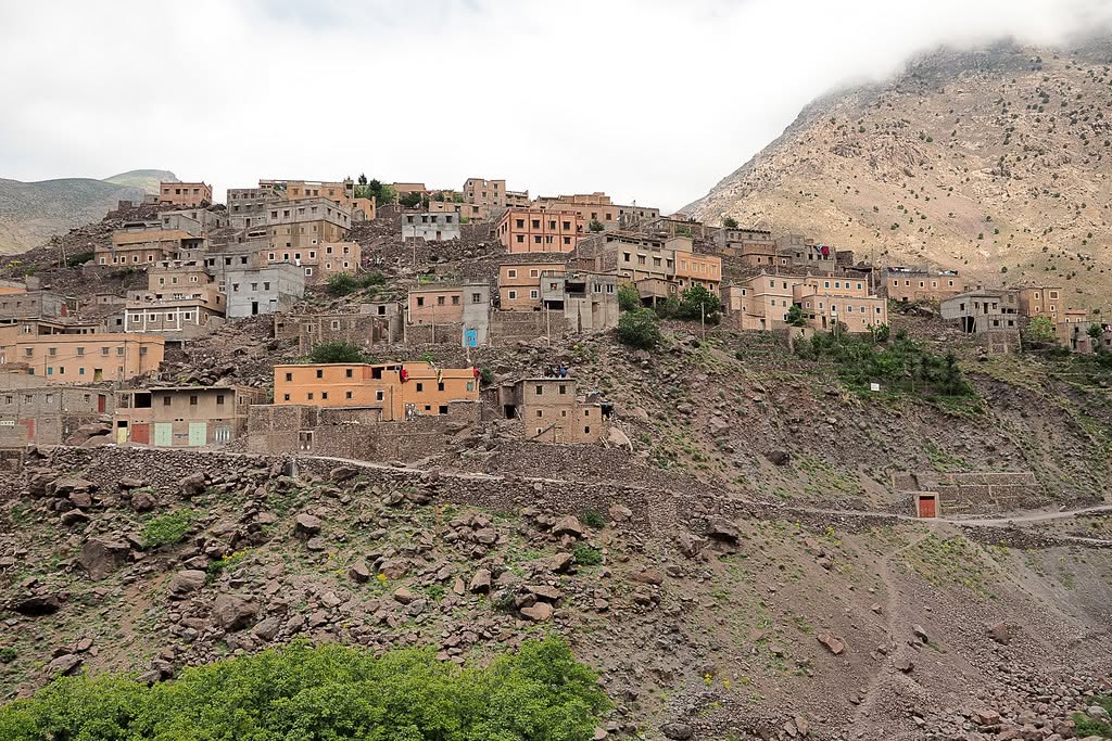 Berber village and terraced fields in the High Atlas Mountains