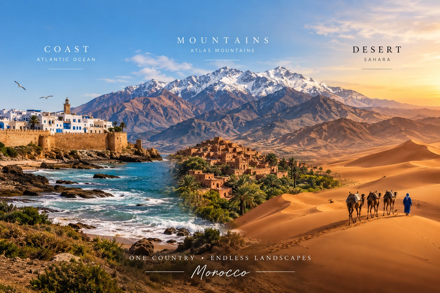 Map of Morocco regions showing Atlas Mountains, Sahara Desert and Atlantic coast